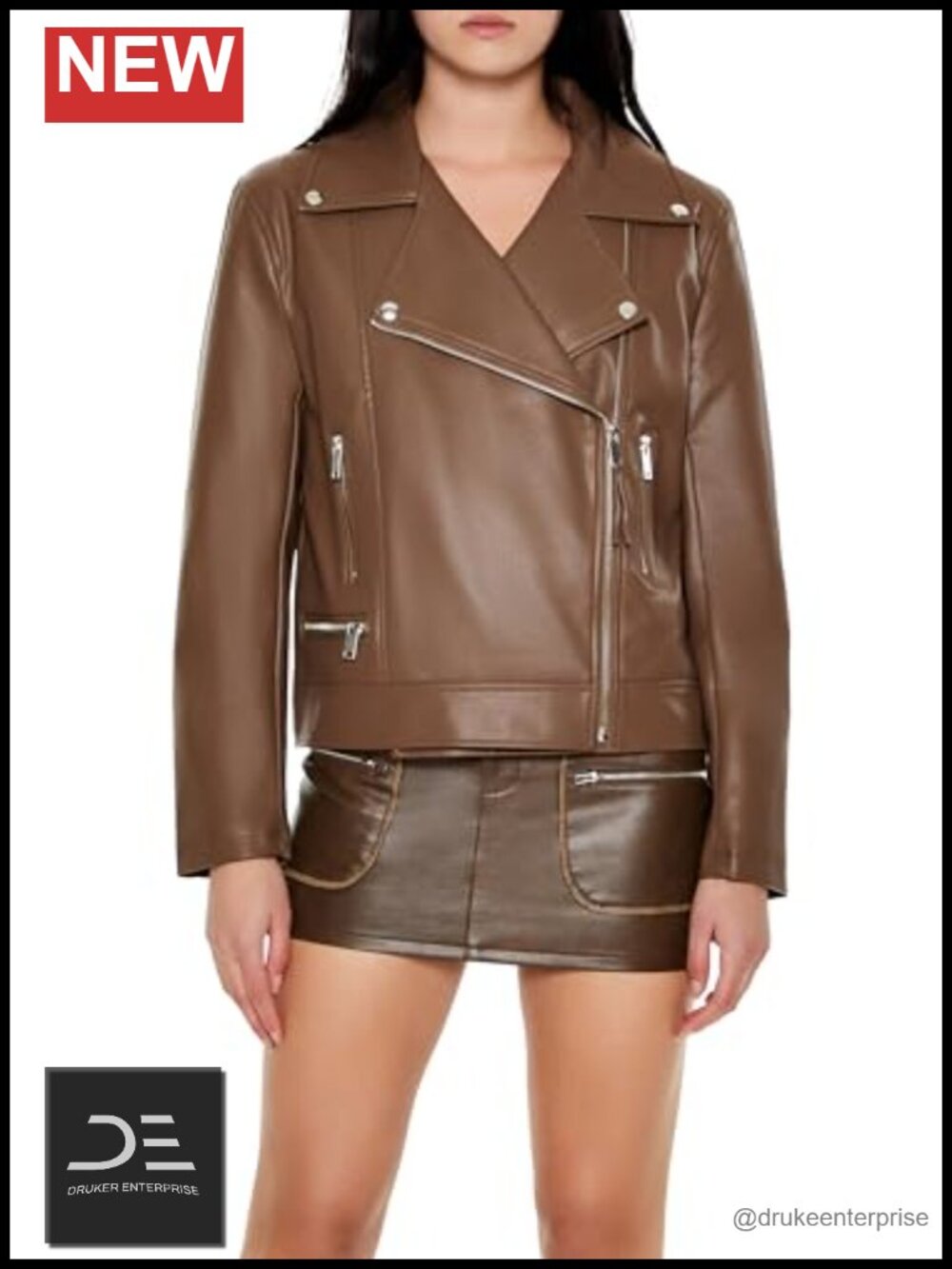 Faux Leather Zip-up Moto Jacket Asymmetrical Long Sleeve Aviator